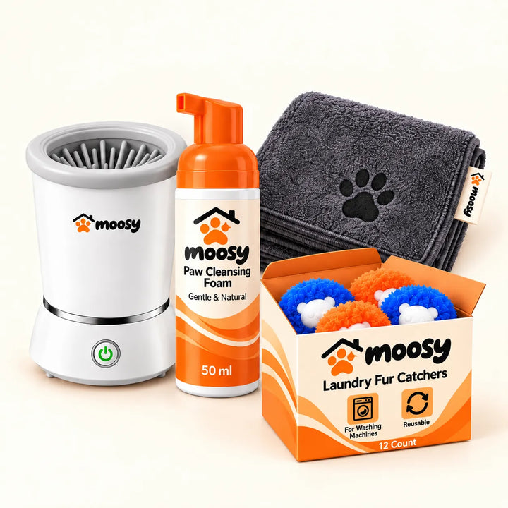 Moosy Clean Paws Kit: Paw Cleaner, Paw Cleansing Foam, Microfiber Paw Towel and 12 Laundry Fur Catchers